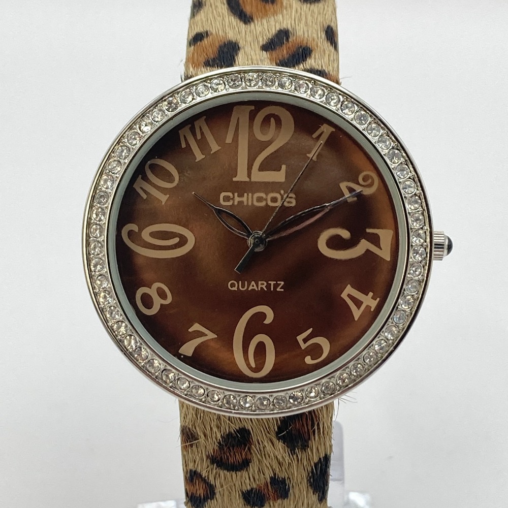 Chicos Womens Watch 39mm Silver Tone Brown Crystals MOP Faux Leopard New Battery